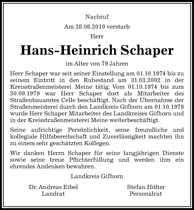 Traueranzeigen Von Hans Heinrich Schaper Trauer Anzeigen De