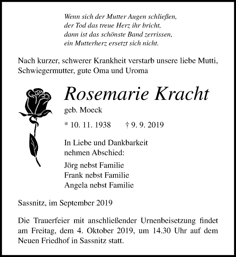 Traueranzeigen Von Rosemarie Kracht Trauer Anzeigen De