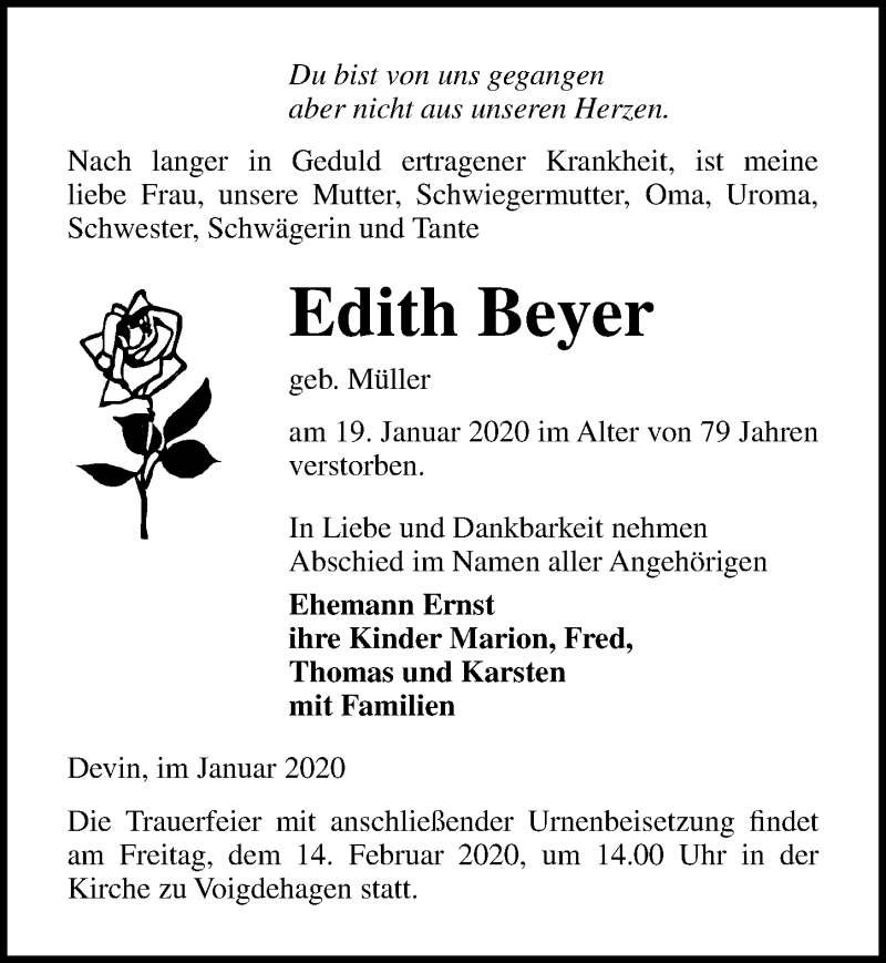 Traueranzeigen Von Edith Beyer Trauer Anzeigen De