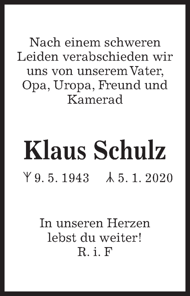 Traueranzeigen Von Klaus Schulz Trauer Anzeigen De