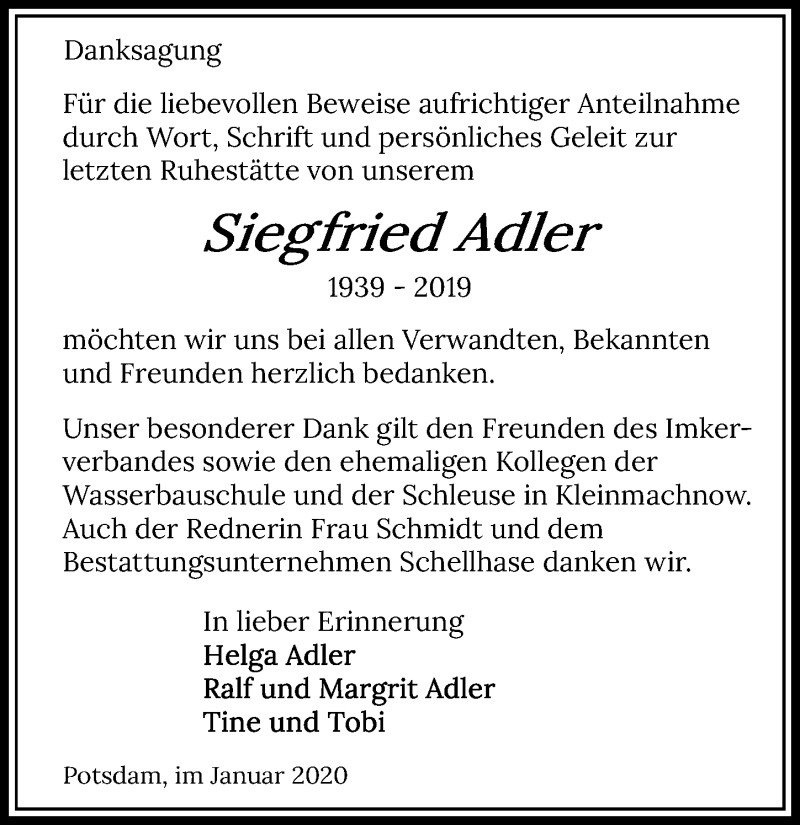 Traueranzeigen Von Siegfried Adler Trauer Anzeigen De