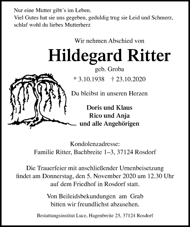 Traueranzeigen Von Hildegard Ritter Trauer Anzeigen De