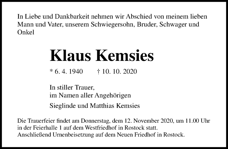 Traueranzeigen Von Klaus Kemsies Trauer Anzeigen De