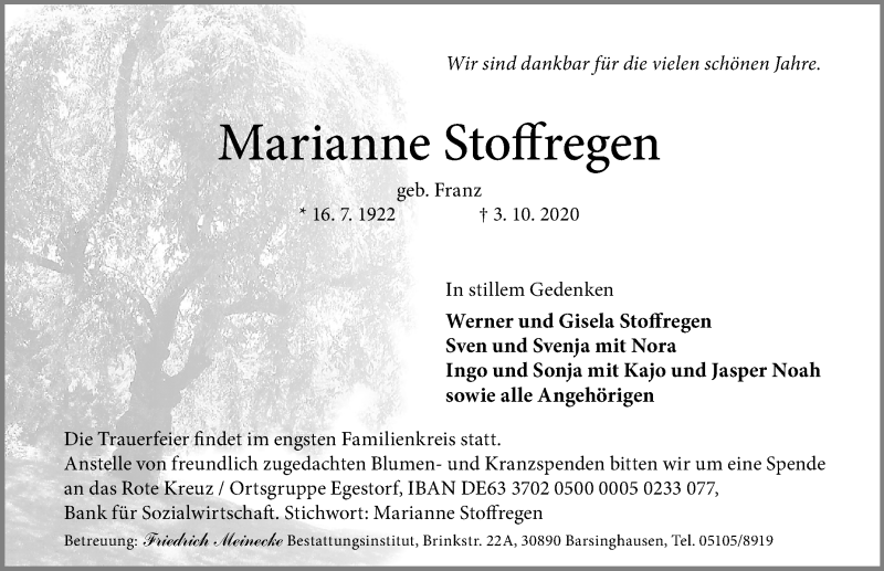 Traueranzeigen Von Marianne Stoffregen Trauer Anzeigen De