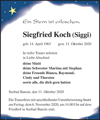 Traueranzeigen Von Siegfried Koch Trauer Anzeigen De