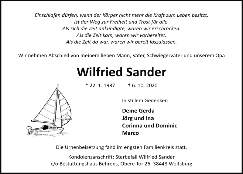 Traueranzeigen Von Wilfried Sander Trauer Anzeigen De