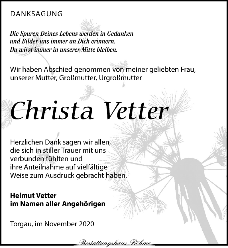 Traueranzeigen Von Christa Vetter Trauer Anzeigen De