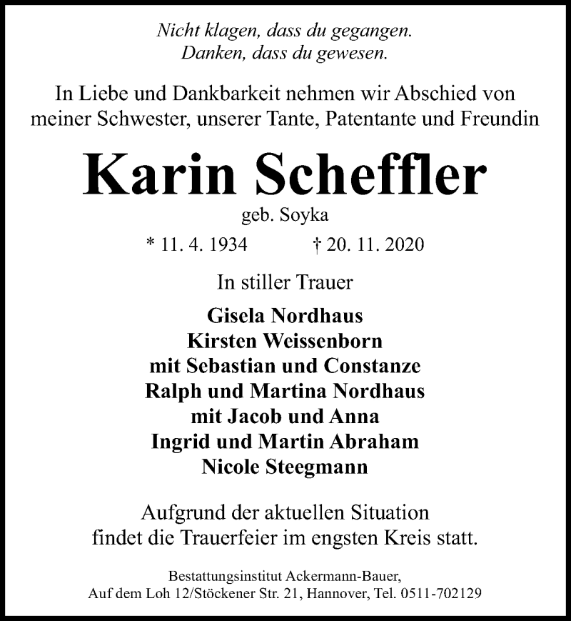 Traueranzeigen Von Karin Scheffler Trauer Anzeigen De