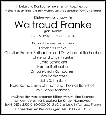 Traueranzeigen Von Waltraud Franke Trauer Anzeigen De