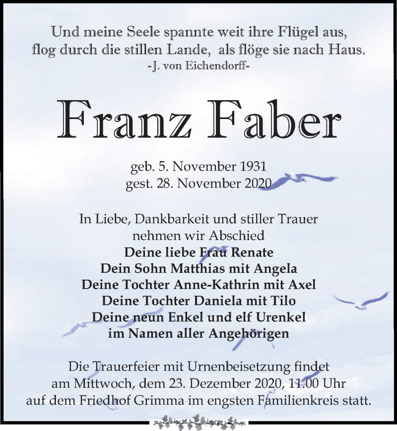 Traueranzeigen Von Franz Faber Trauer Anzeigen De