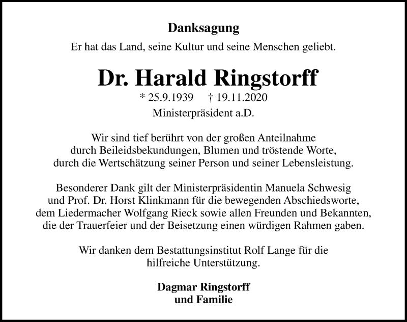 Traueranzeigen Von Harald Ringstorff Trauer Anzeigen De