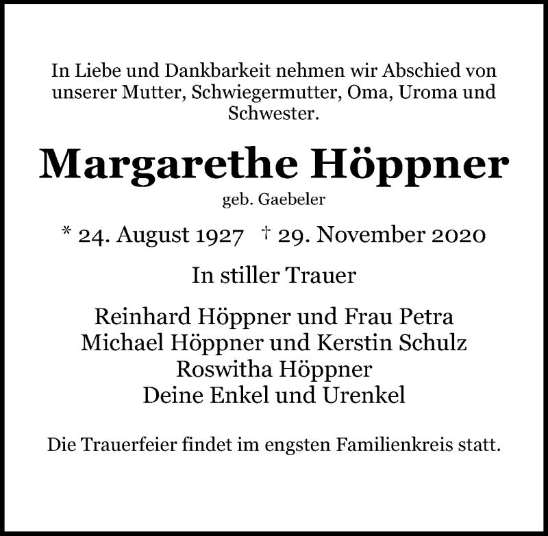 Traueranzeigen von Margarethe Höppner trauer anzeigen de