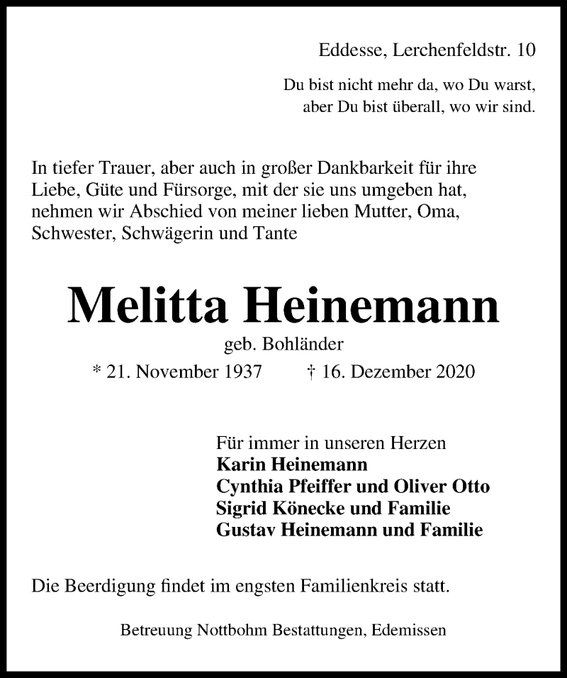 Traueranzeigen Von Melitta Heinemann Trauer Anzeigen De