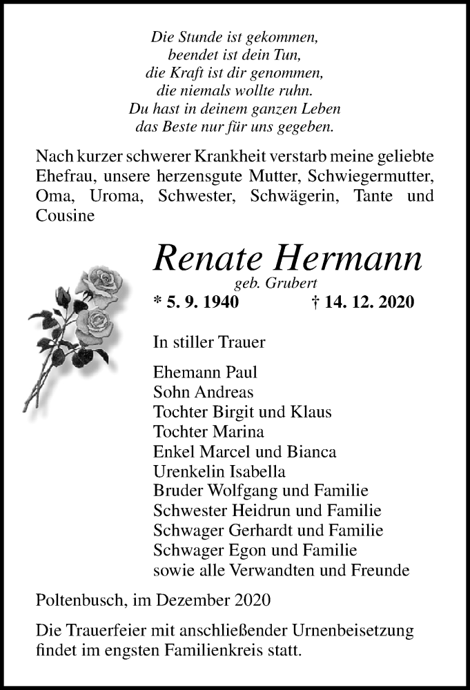 Traueranzeigen Von Renate Hermann Trauer Anzeigen De