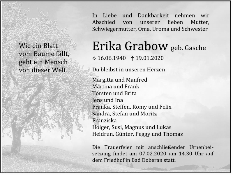 Traueranzeigen Von Erika Grabow Trauer Anzeigen De