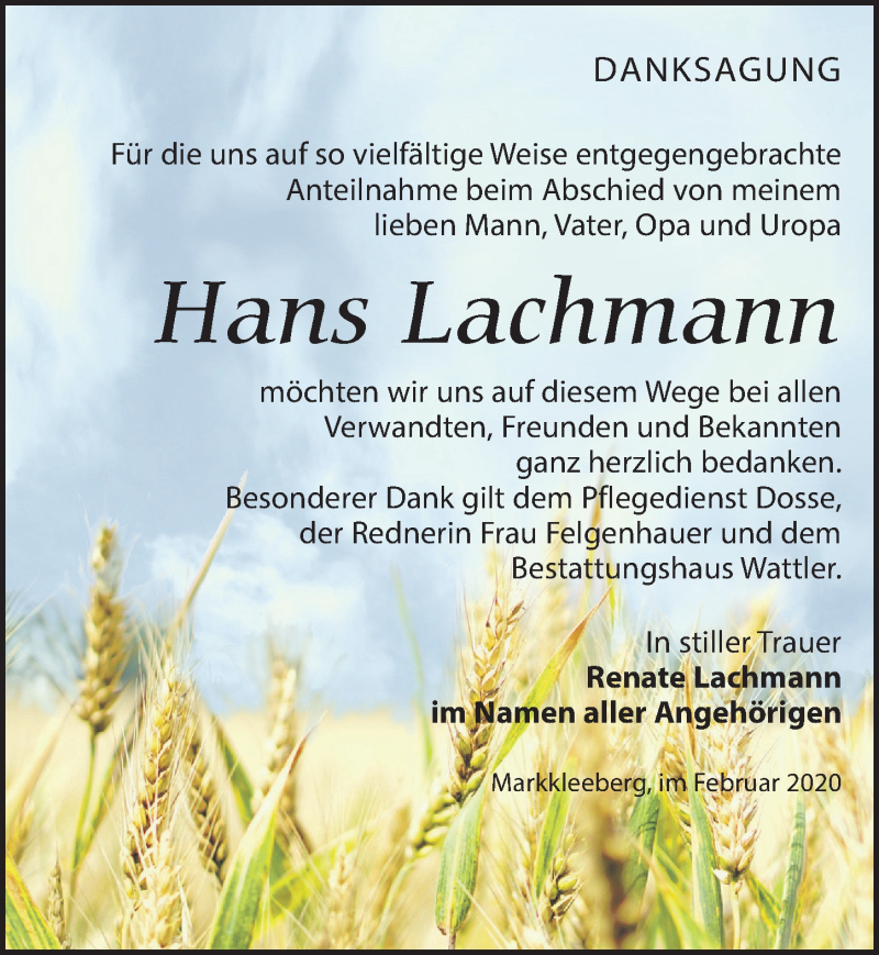 Traueranzeigen Von Hans Lachmann Trauer Anzeigen De