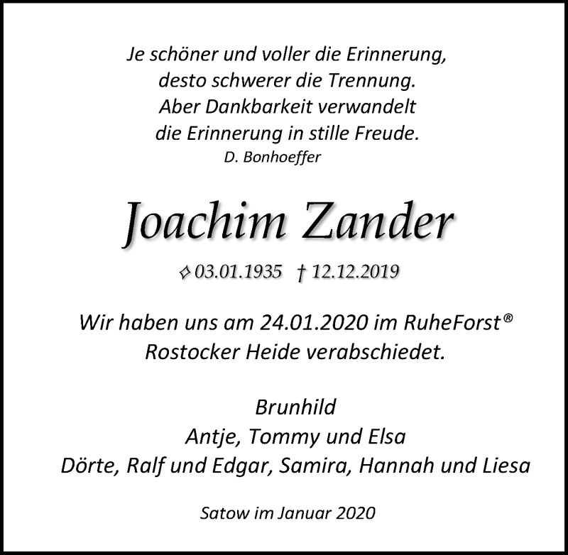 Traueranzeigen Von Joachim Zander Trauer Anzeigen De