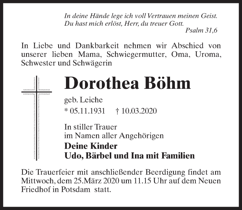 Traueranzeigen Von Dorothea B Hm Trauer Anzeigen De