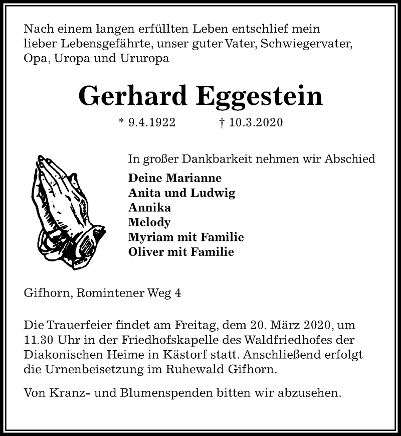 Traueranzeigen Von Gerhard Eggestein Trauer Anzeigen De