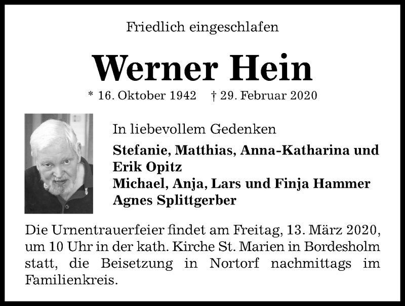 Traueranzeigen Von Werner Hein Trauer Anzeigen De