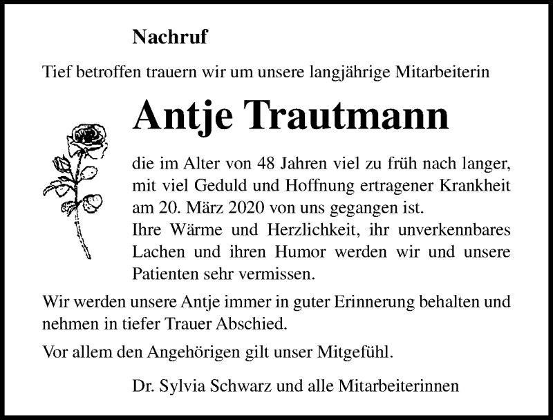 Traueranzeigen Von Antje Trautmann Trauer Anzeigen De