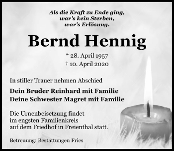 Traueranzeigen Von Bernd Hennig Trauer Anzeigen De