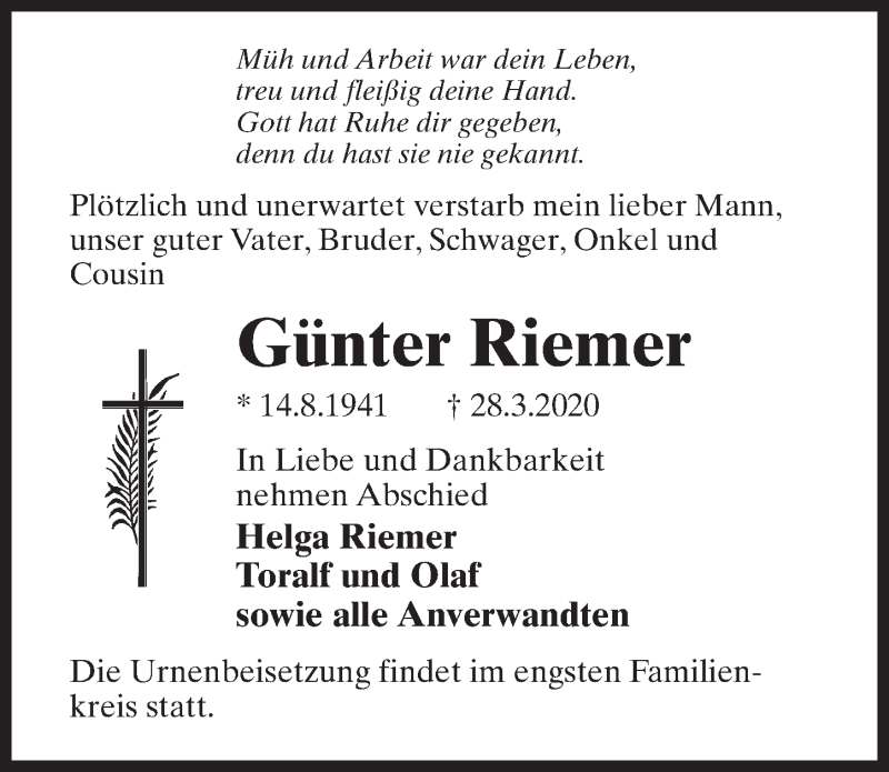 Traueranzeigen von Günter Riemer trauer anzeigen de