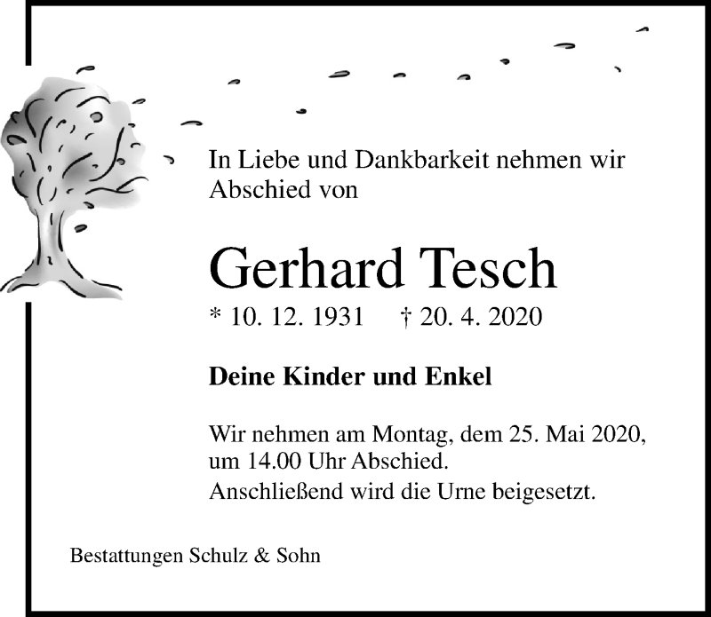 Traueranzeigen Von Gerhard Tesch Trauer Anzeigen De