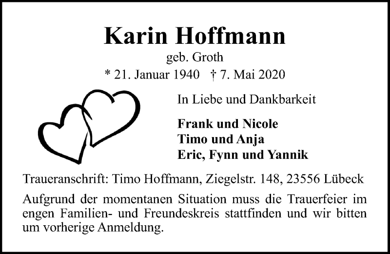 Traueranzeigen Von Karin Hoffmann Trauer Anzeigen De