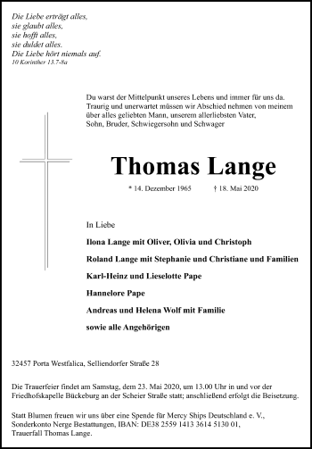 Traueranzeigen Von Thomas Lange Trauer Anzeigen De