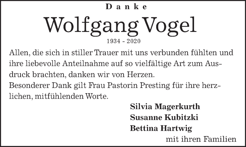 Traueranzeigen Von Wolfgang Vogel Trauer Anzeigen De