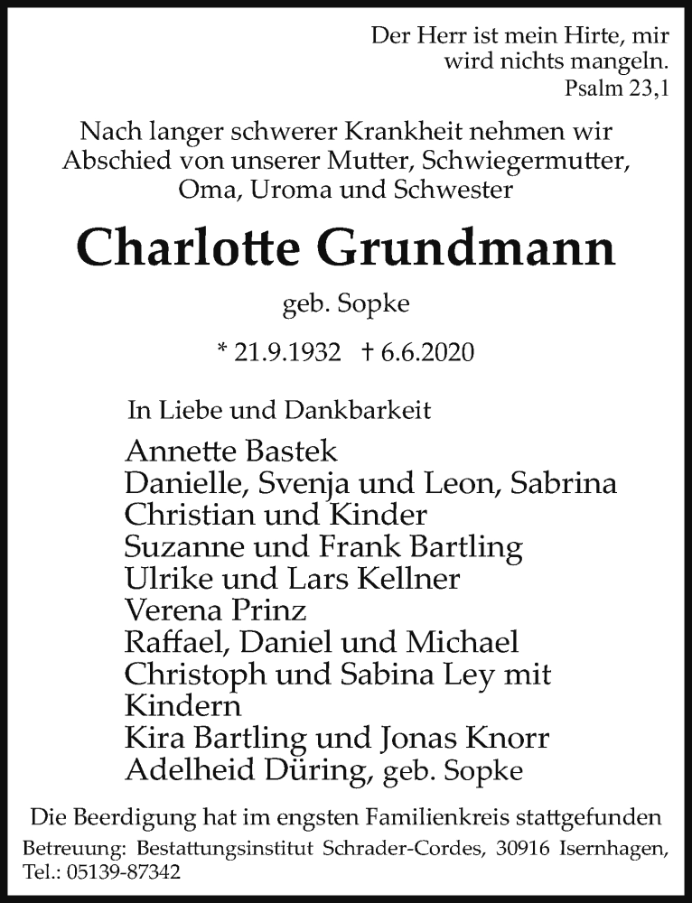 Traueranzeigen Von Charlo E Grundmann Trauer Anzeigen De