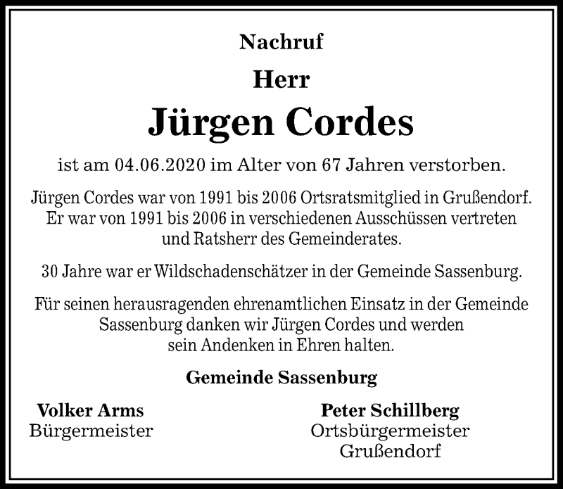 Traueranzeigen Von J Rgen Cordes Trauer Anzeigen De