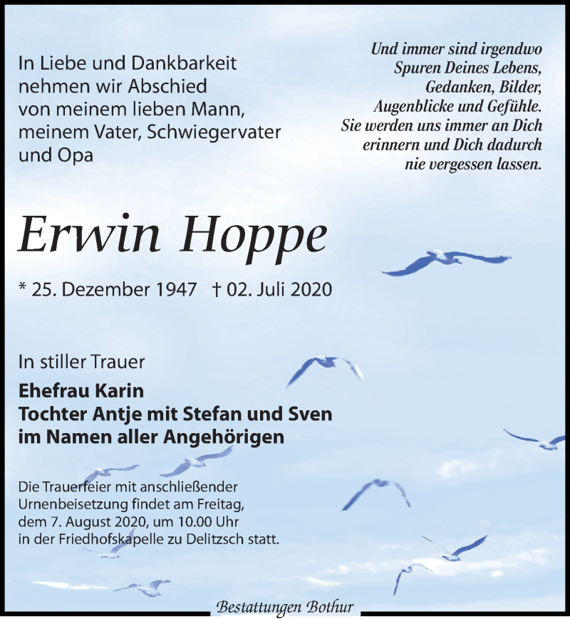 Traueranzeigen Von Erwin Hoppe Trauer Anzeigen De