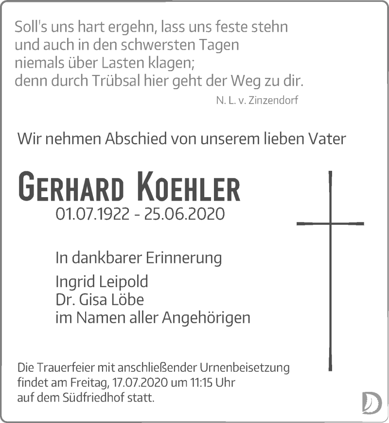 Traueranzeigen Von Gerhard Koehler Trauer Anzeigen De