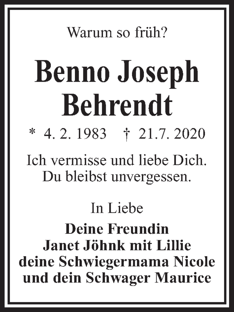 Traueranzeigen Von Benno Joseph Behrendt Trauer Anzeigen De