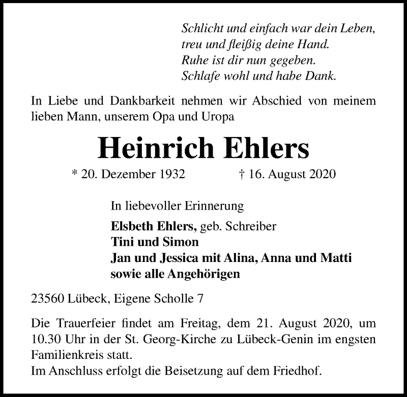 Traueranzeigen Von Heinrich Ehlers Trauer Anzeigen De