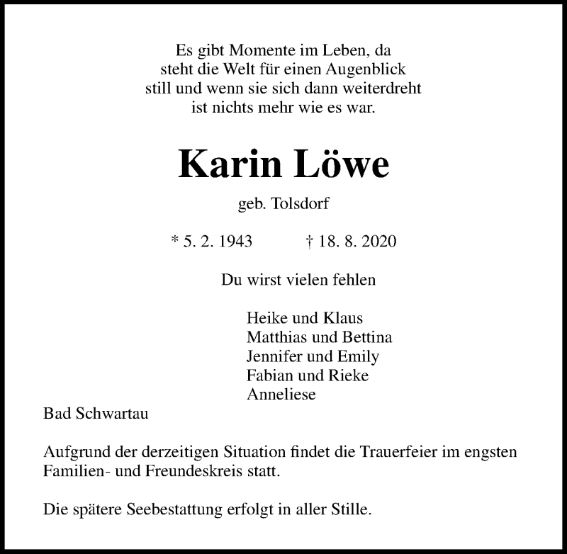 Traueranzeigen von Karin Löwe trauer anzeigen de