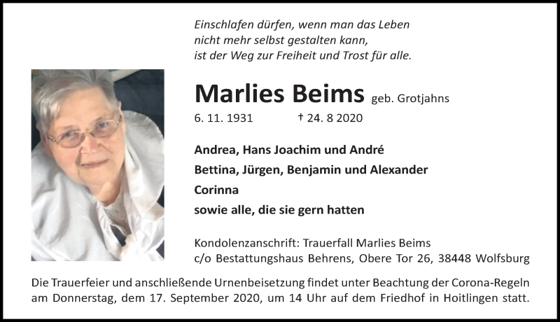 Traueranzeigen Von Marlies Beims Trauer Anzeigen De