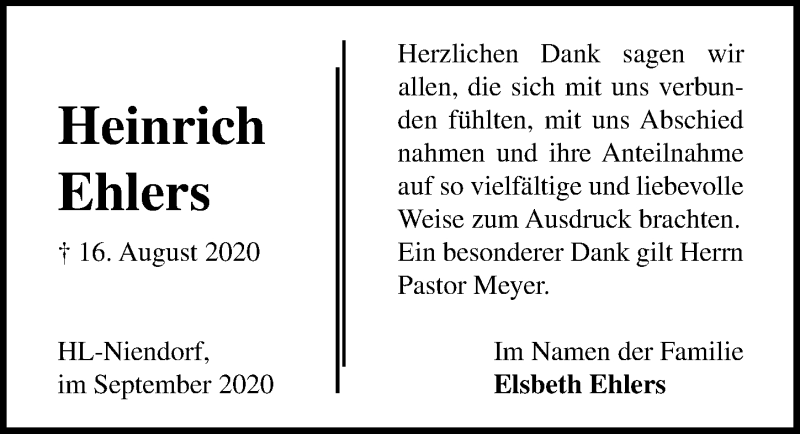 Traueranzeigen Von Heinrich Ehlers Trauer Anzeigen De