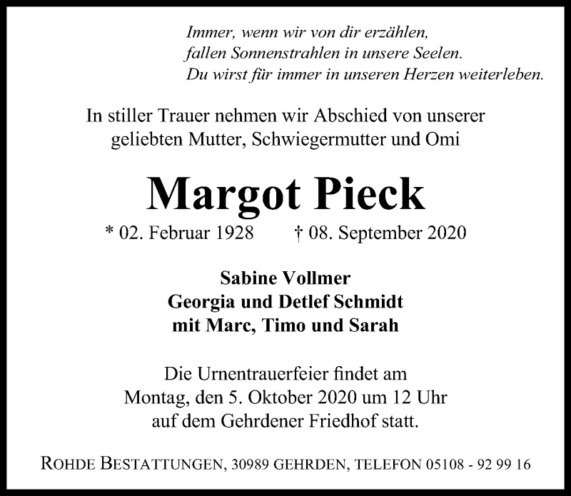 Traueranzeigen Von Margot Pieck Trauer Anzeigen De