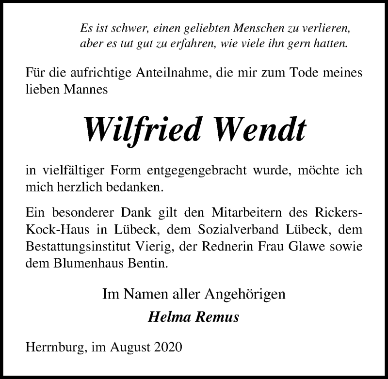 Traueranzeigen Von Wilfried Wendt Trauer Anzeigen De