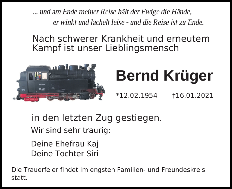 Traueranzeigen von Bernd Krüger trauer anzeigen de