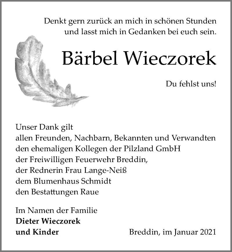 Traueranzeigen von Bärbel Wieczorek trauer anzeigen de