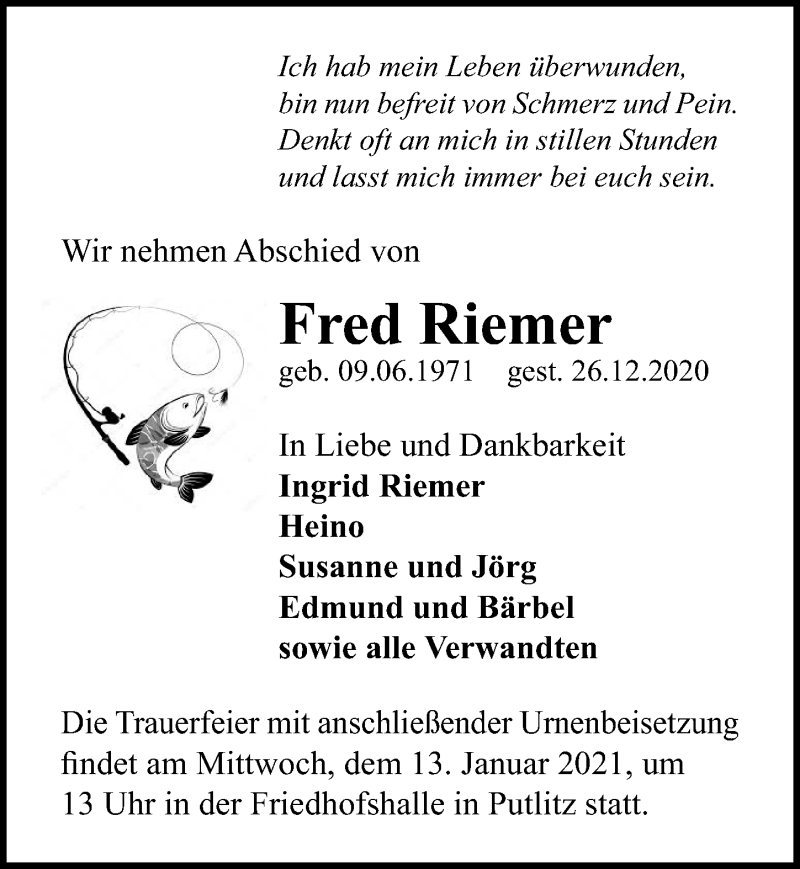 Traueranzeigen Von Fred Riemer Trauer Anzeigen De