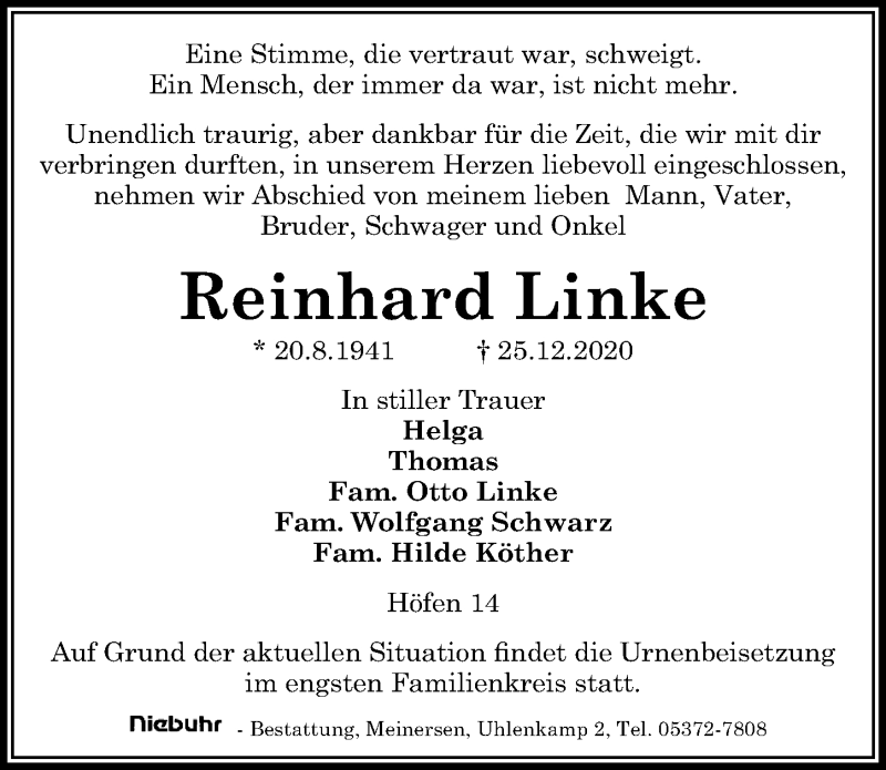 Traueranzeigen Von Reinhard Linke Trauer Anzeigen De