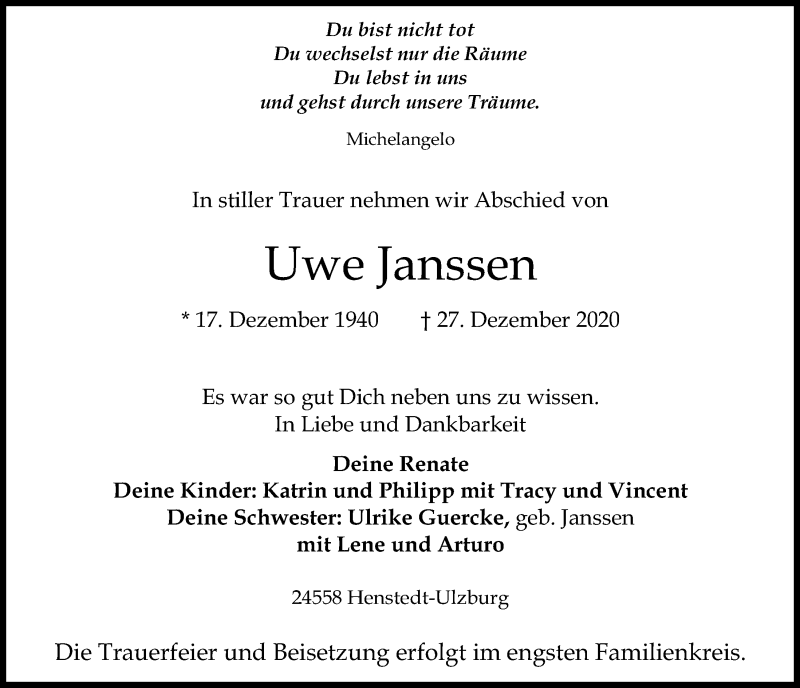 Traueranzeigen Von Uwe Janssen Trauer Anzeigen De