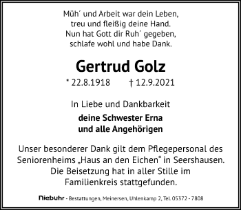 Traueranzeigen Von Gertrud Golz Trauer Anzeigen De