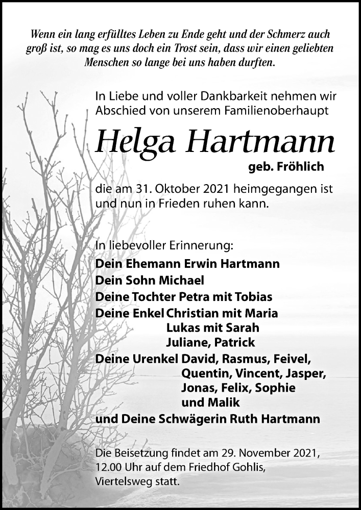 Traueranzeigen Von Helga Hartmann Trauer Anzeigen De