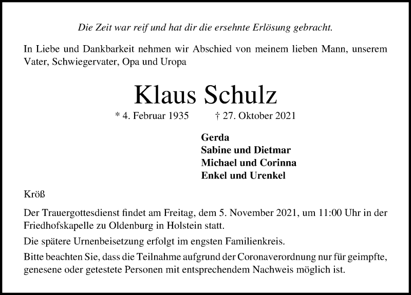 Traueranzeigen Von Klaus Schulz Trauer Anzeigen De